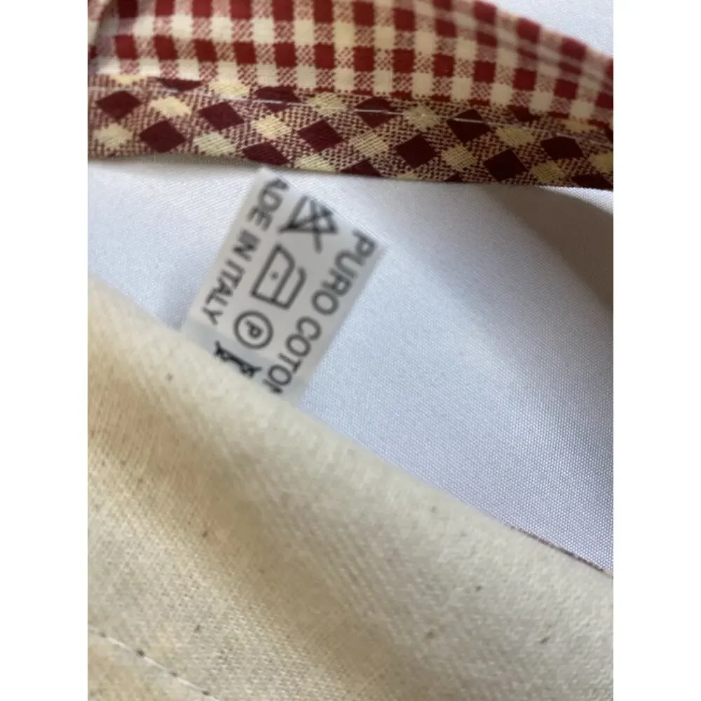 Nonna Embroidered Bib Apron Beige/Maroon Gingham Trim Pocket Cotton One Size